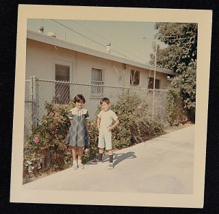 Vintage Photograph Little Boy And Girl Standing By Fence By House