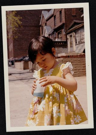 Vintage Photograph Adorable Little Girl Looking Down At Jar Of Bubbles