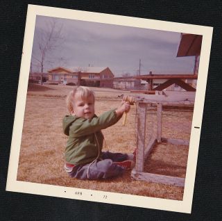Vintage Photograph Adorable Little Boy With Toy Hammer Fixing Cage In Yard 1972