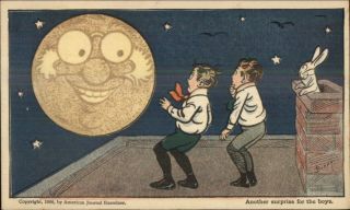Man In The Moon Kids Bunny Hold To Heat Novelty Postcard C1906