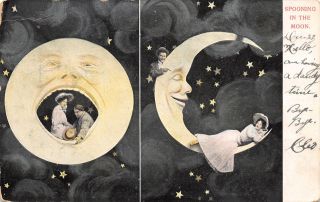 Spooning In The Moon Couple In Man In Moon Mouth Sleeping Crescent 1906 Postcard
