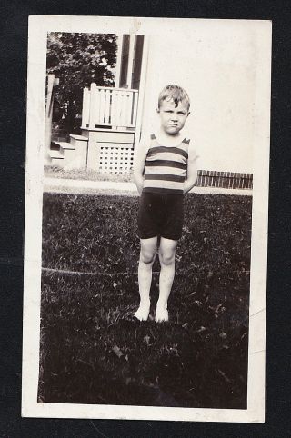 Antique Vintage Photograph Adorable Little Boy In Striped Shirt & Shorts In Yard