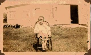 Wonderful Old Vintage Photograph Cute Little Boy Sitting On Chair In Yard