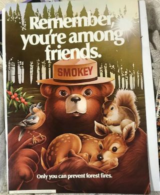 Vintage 1980 Smokey Bear Poster Print “remember You’re Among Friends” Fire Usda