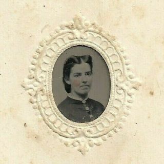 Embossed Framed Gem Tintype Photograph Young Woman Lightly Pink Cheeks 1860 - 70s