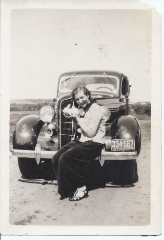 787p Vintage Photo Young Woman Sitting On Car Bumper Holding Bunny Rabbit Smile