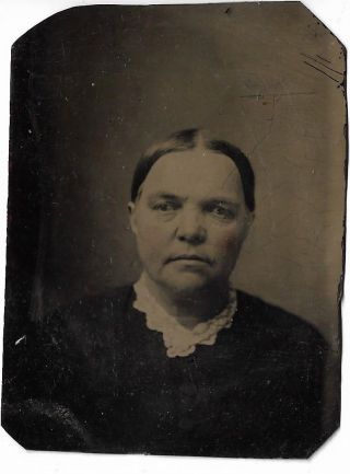 Early Antique Tintype Photograph Bust Of Older Woman Wearing White Collar