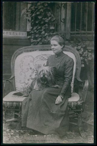 Lha Apso ? Dog& Victorian Lady 1910s Private Real Photo Rppc Postcard