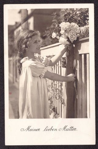 Old Antique Postcard Art Portrait Pretty Young Lady Girl Flowers Real Photo