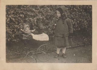 Young Edwardian Girl With Doll In Pram,  2.  5 X 3.  5 Inch Photograph