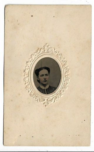 Framed Gem Tintype Photograph Showing Young Woman Hair Pulled Back Embossed