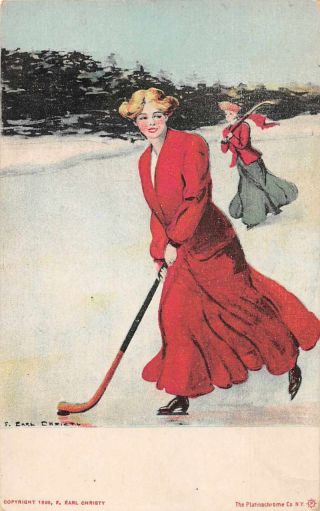 Women Playing Ice Hockey Sports Vintage Postcard Je359398