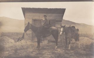 Old Azo Rppc Photo Postcard Of A Man Sat On Horse Next To Old Shack Cowboy ??
