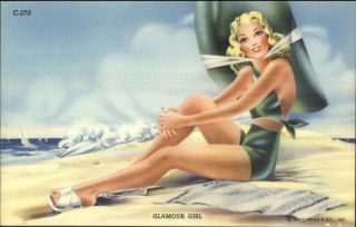 Curt Teich Bathing Beauty Glamour Girl Linen Postcard Art Deco