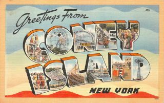 Greetings From Coney Island York Large Letter Postcard (c.  1940s)
