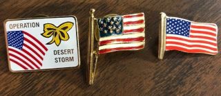 3 American Flag Lapel Hat Pins Political,  Military,  Veteran