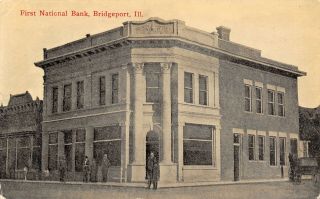 Bridgeport Illinois First National Bank Men In Doorway 1910 Sepia Postcard