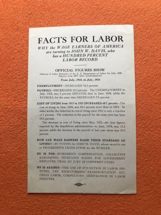 1924 John W.  Davis Labor Record Presidential Campaign Flier