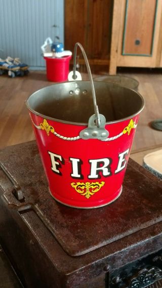 Vintage Ohio Art Tin Metal Litho Fire Bucket Sand Pail Toy Bright Red Yellow