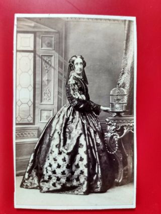Victorian Cdv Lady,  Crinoline,  Ringlets,  Bird Cage By A Heath,  Leamington
