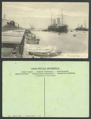 Egypt Old Postcard Port Said Landing Stage Lighthouse Steam Ships Boats L.  L.  35