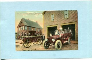 Bedford,  Ma.  Vintage Postcard " The Old And The 9 Engine " Fire Dept.