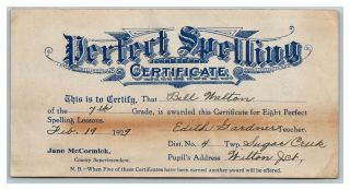 1929 Spelling Certificate Bell Walton Edith Gardner Teacher Wilton Junction Iowa