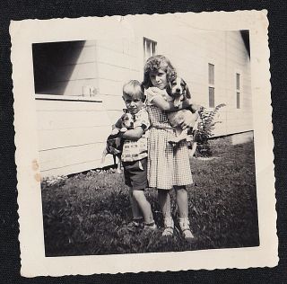 Old Vintage Photograph Cute Little Boy & Girl Holding Adorable Puppy Dogs