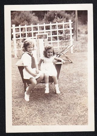 Vintage Antique Photograph Two Adorable Little Girls Sitting In Chair In Yard