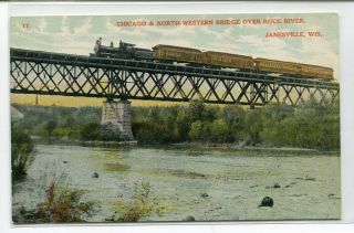 Chicago Northwestern Railroad Bridge Train Rock River Janesville Wi Postcard