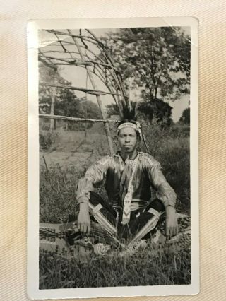 Antique Native American Plains Indian Photo Warrior On Blanket Hut In Forest 10