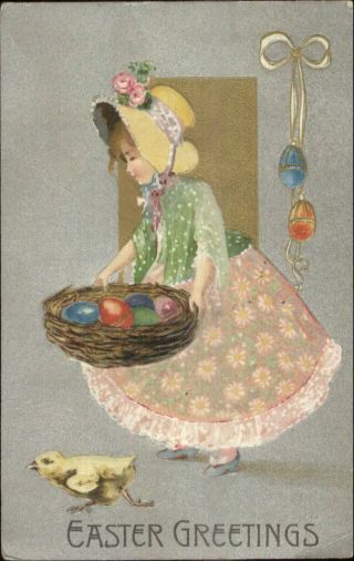 Easter - Little Girl Bonnet Dress Chick Eggs C1910 Winsch Postcard