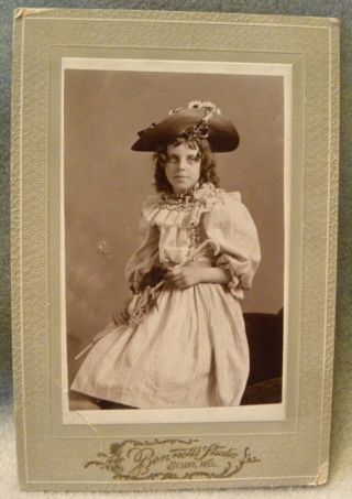 Antique Cabinet Photo Of Young Girl With Long Hair In Fancy Dress With Parasol