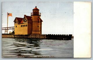 Waukegan Illinois Harbo Light House Government Pier Before 1967 Fire 1909 Pc