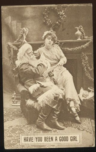 1911 Sepia Photo Pc,  Santa Claus W/young Lady In Lap " Have You Been A Good Girl?