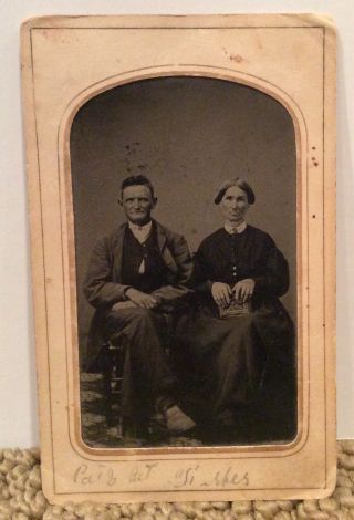 Tintype Of Elderly Couple Id’d Stern Faces Holding Book Photo Album Bible Odd