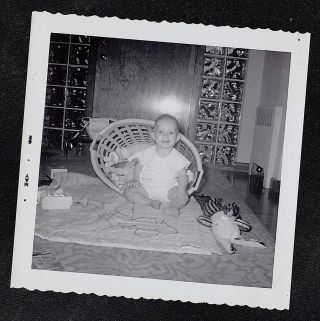 Vintage Antique Photograph Adorable Baby Sitting In Laundry Basket On Floor