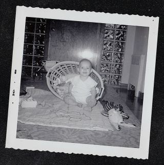 Vintage Antique Photograph Adorable Baby Sitting in Laundry Basket on Floor 2