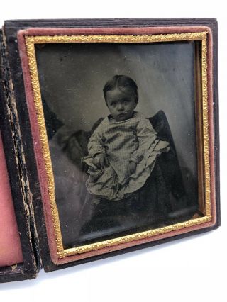 Adorable Bright Eyed Baby Girl Striped Socks Antique Tintype Photograph In Case