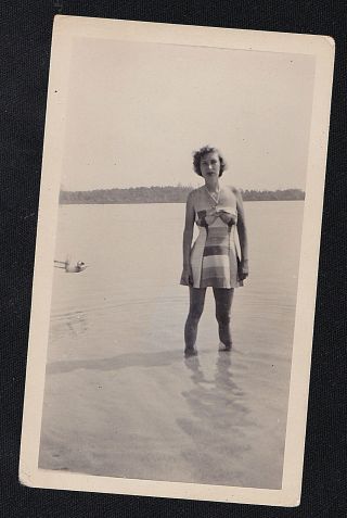 Antique Photograph Sexy Woman In Bathing Suit Standing In Water At Beach