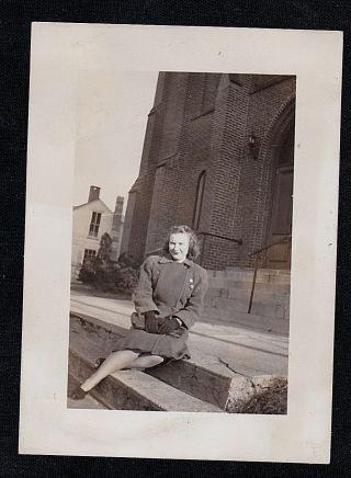 Vintage Antique Photograph Sexy Woman Sitting On Steps In Front Of Church