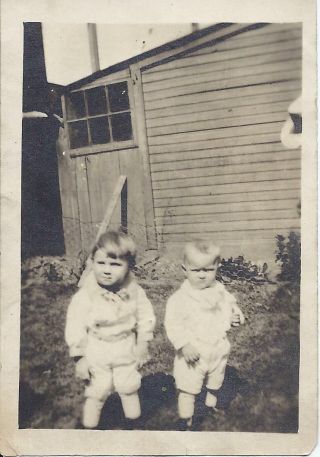 293p Vintage Photo Two Adorable Little Boys Babies Standing Outside Near Garage