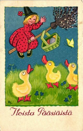 Easter,  Witch On A Broom With Chicks,  Funny Old Postcard