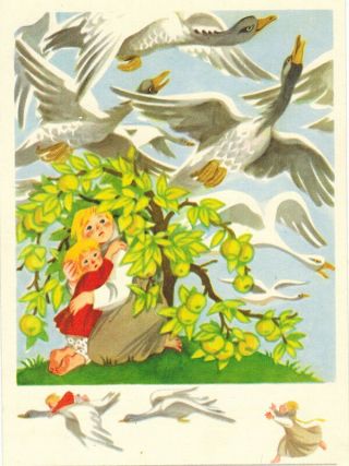 1961 Russian Postcard To Fairy Tale Geese - Swans Drawing By N.  Goltz