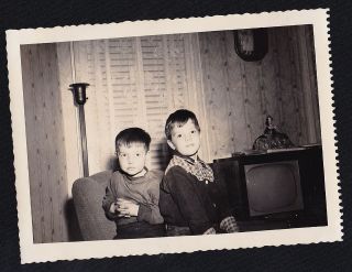 Old Vintage Photograph Two Little Boys Sitting By Retro Television Set Tv 1954