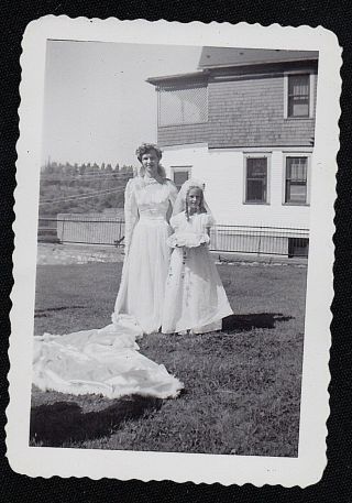 Vintage Antique Photograph Wedding Bride & Flower Girl Standing On Lawn