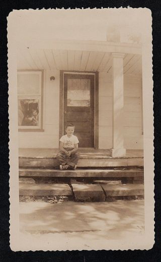 Antique Vintage Photograph Adorable Little Boy Sitting On Steps By House