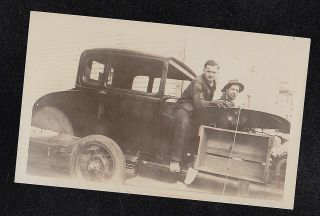 Vintage Antique Photograph Two Men Sitting On Antique Car Automobile Auto