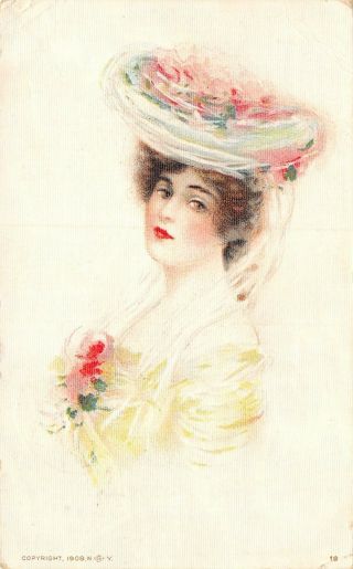 Maud Humphrey Lovely Lady In Gossamer White Pink Roses On Hat 1909 Gray Litho Pc