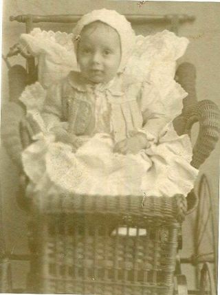 Antique Matted Photo Sweet Baby In Wicker Rattan Carriage Stroller